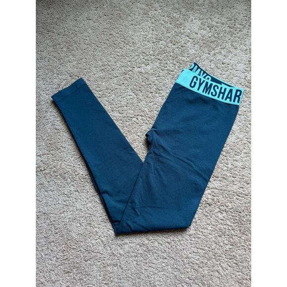Gymshark Flex Leggings Women L Blue Spellout Logo Nonslip Waist Stretch Shaping - Picture 2 of 8